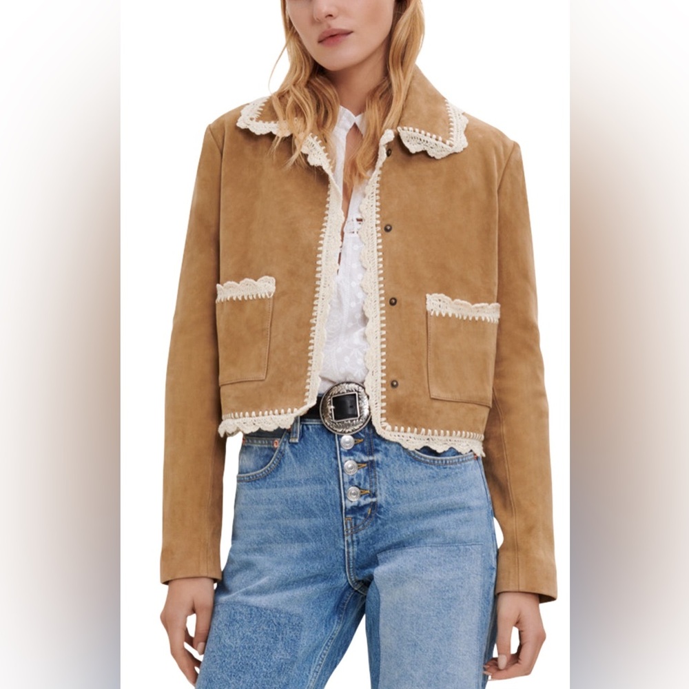 Maje Bicoti Crochet Trim Suede Jacket